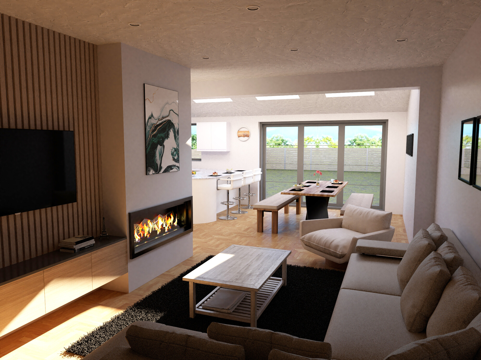 Open-plan living with fireplace and slatted feature wall
