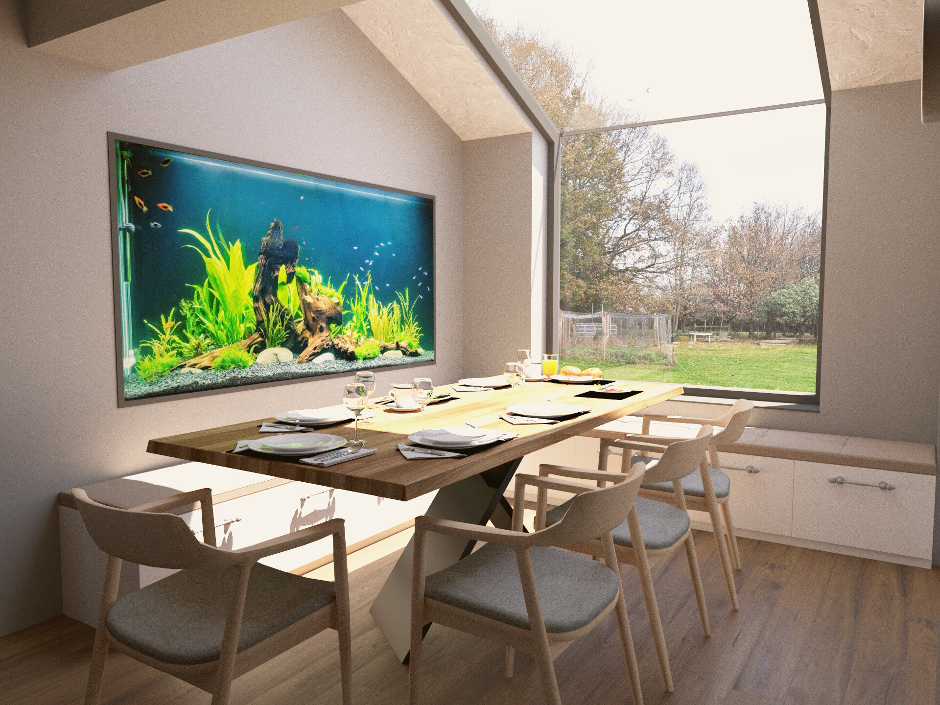 Dining room with built-in aquarium feature