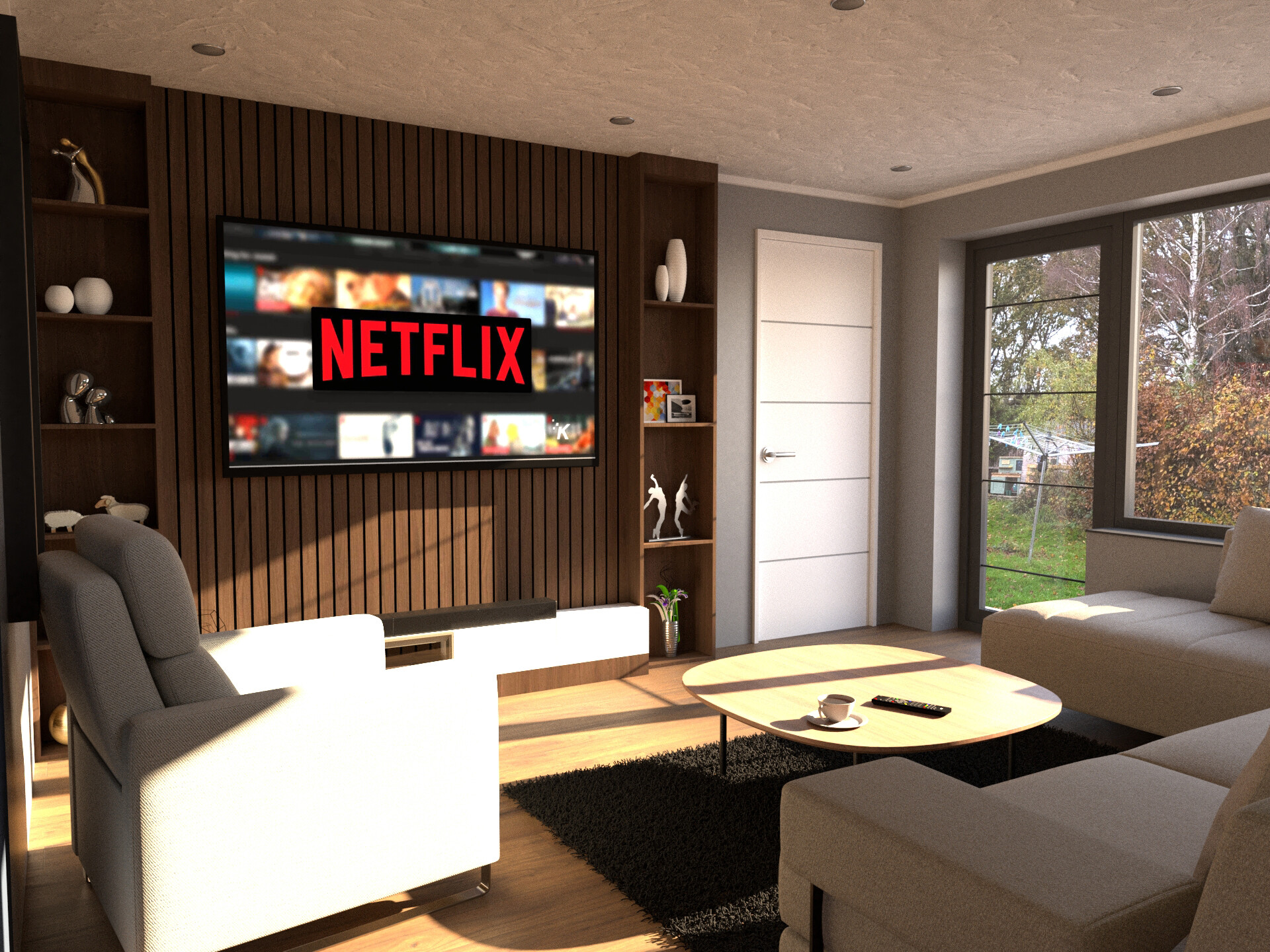 Cosy snug and media room with slatted feature wall