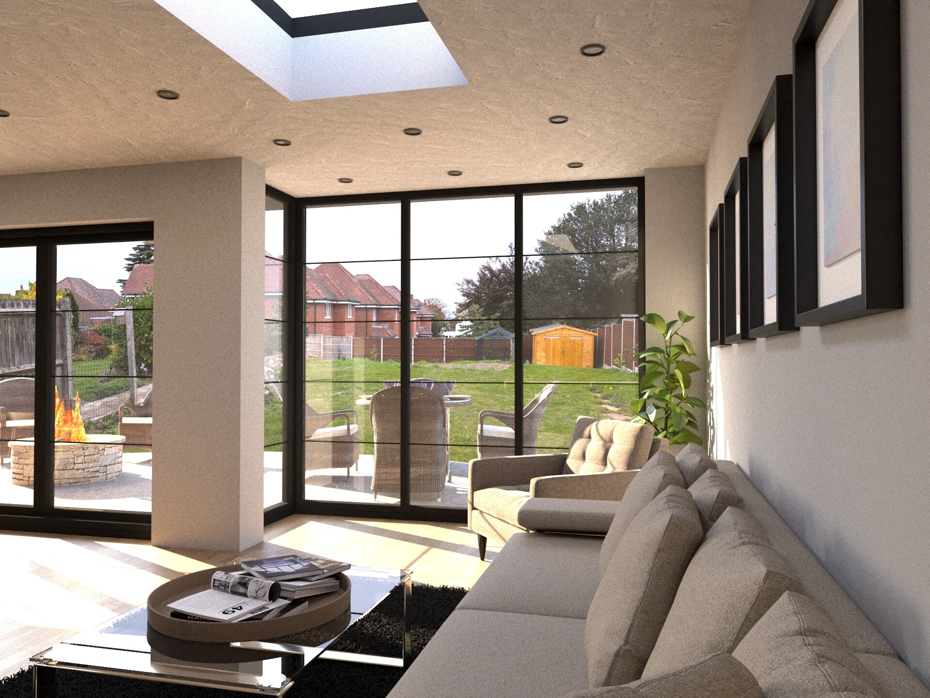 Lounge with full-height glazing and skylight